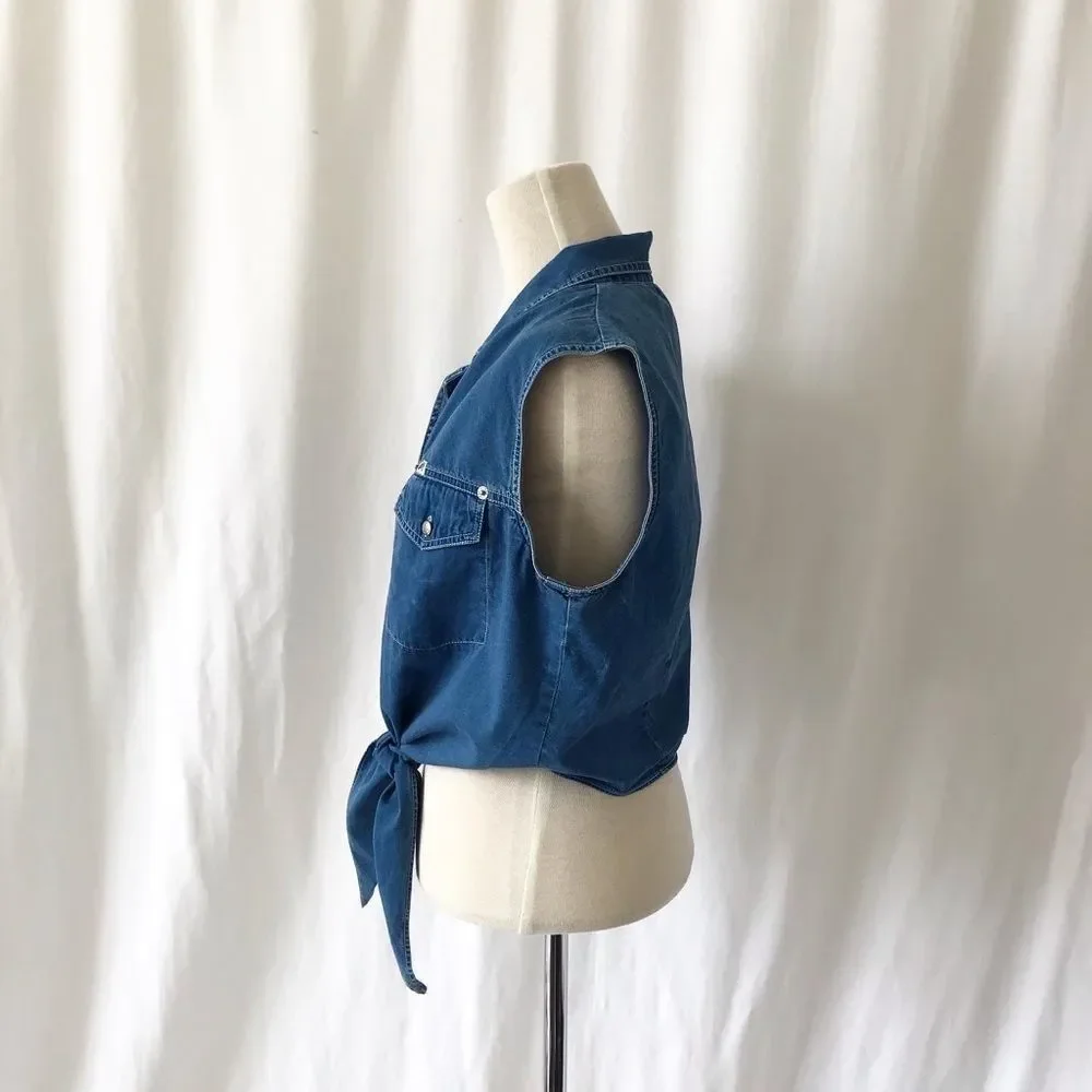 Vintage GUESS Denim Tie Front Top Y2K Western Retro Crop Shirt L - Picture 5 of 8